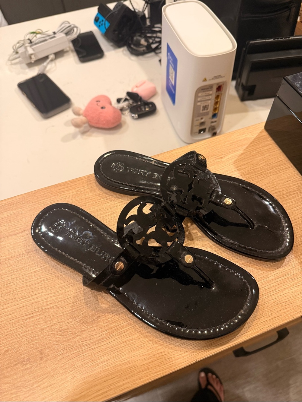 Tory Burch Black Patent Miller Logo Thong Sandals